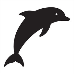 Black silhouette of a playful dolphin leaping out of the water with a white eye against a white background
