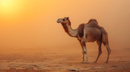Majestic Dromedary Camel Standing Tall in a Dusty Desert Sunset