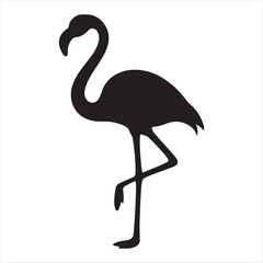 Simple black silhouette of a flamingo standing on one leg isolated on a white background