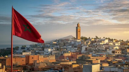 The Moroccan flag waves over a vibrant sunset skyline, celebrating a national holiday.