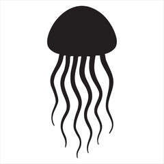 Simple black silhouette of a jellyfish with flowing tentacles against a white background