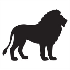 Majestic black silhouette of a male lion with a full mane standing proudly against a white background