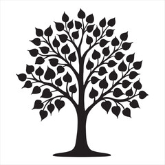 Obraz premium Stylized silhouette of a bodhi tree with numerous leaves and a strong trunk on a white background