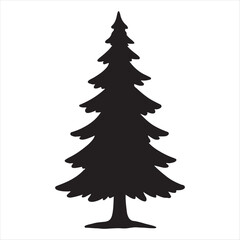 Simple black silhouette of a tall evergreen pine tree with a textured base on a white background