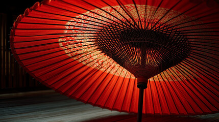 A red umbrella with a white design