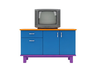 Retro television set on a blue cabinet isolated on transparent background