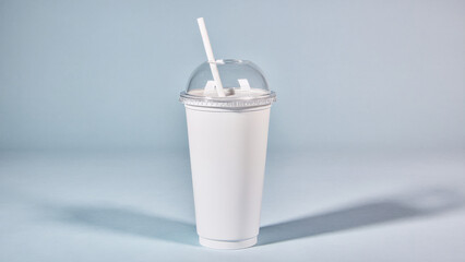 Plain white soda cup with a clear lid and straight straw on a pastel blue background, minimal studio composition with soft halo shadow