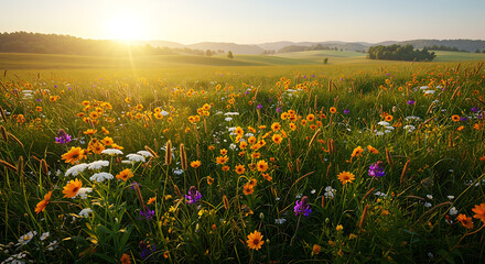 Fototapeta premium Serene Sunrise Meadow: Vibrant Wildflowers in Golden Hour Light, Rolling Hills Landscape