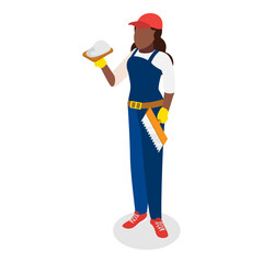 3D Isometric Flat Vector Illustration of Female Repairman , Painter Professional at Work. Item 1