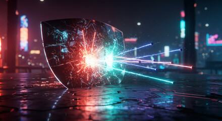 Fototapeta premium Cyberpunk shield shatters from energy blast in a futuristic cityscape at night