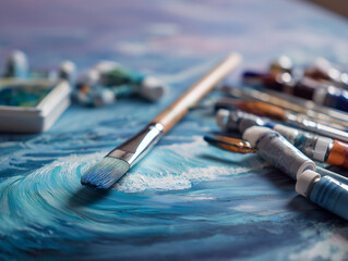Fototapeta premium Close up of paintbrush resting on ocean painting with paint tubes near by