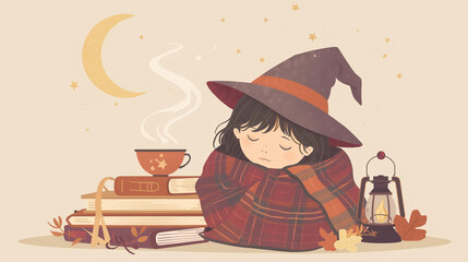 illustration of a sleepy little witch wrapped in a plaid blanket
