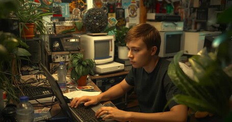 Positioning hands on laptop keyboard, teen male typing at home desk, practicing coding - Powered by Adobe