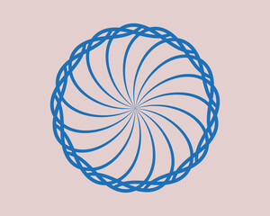 Blue circular spiral mandala with braided border, elegant geometric design