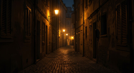 Fototapeta premium Dark and Mysterious Cobblestone Alleyway at Night: European Cityscape, Warm Lamplight, Atmospheric Mood.