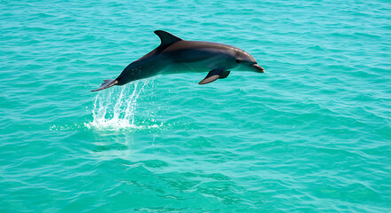 Fototapeta premium Dolphin Leaping from Turquoise Ocean Waters: Vibrant, Joyful, Wildlife Stock Photo