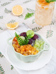 Tropical Pineapple Dessert Bowl with Summer Drink and Fresh Citrus Fruits