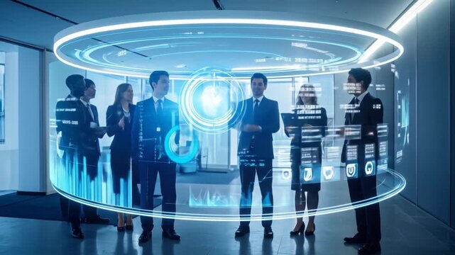 Diverse Business Team Discussing Future Strategies Using Augmented Reality Interface - Powered by Adobe