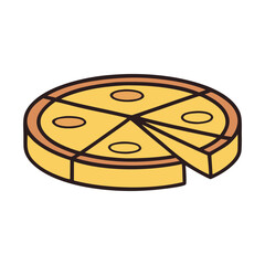 Stylized illustration of a whole pizza with one slice removed showing its thick crust and cheese topping isolated on transparent background