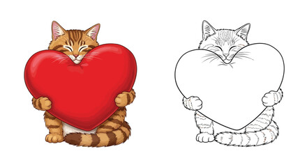 Cute Cat Hugging Heart Pillow Coloring Page Black White Valentine's Day Animal Art
