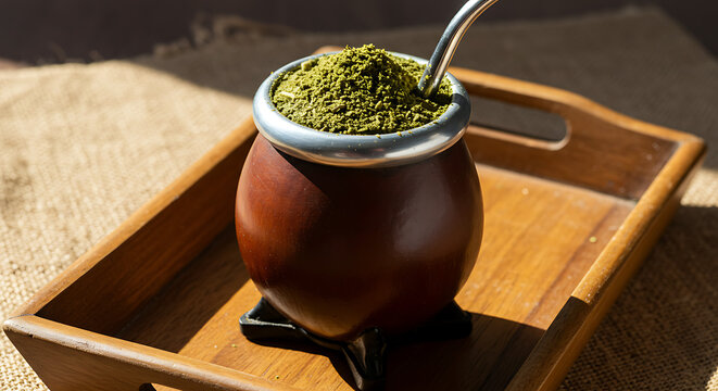 "A traditional Brazilian chimarr&atilde;o served in a gourd with a metal straw (bombilla). The ground yerba mate leaves fill the top, placed on a rustic wooden tray with sunlight highlighting the natural gre