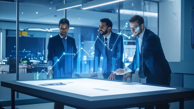 Diverse Team Analyzes Financial Data on Holographic Table for Strategic Decisions