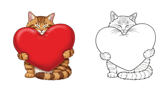 Cute Cat Hugging Heart Pillow Coloring Page Black White Valentine's Day Animal Art