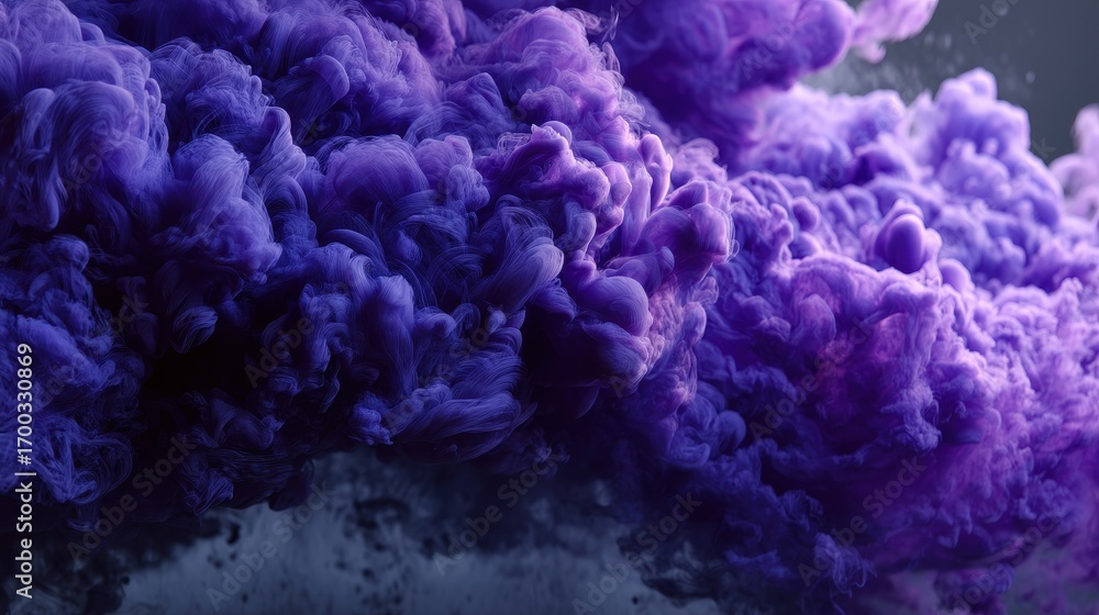 Poster dynamic purple ink cloud dissolving in water creating an abstract fluid art background with swirling