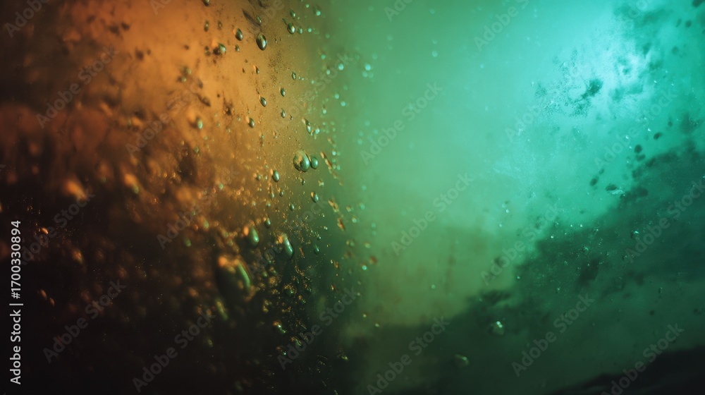 Aufkleber atmospheric close-up of condensation droplets on glass with a moody orange and green light creating 