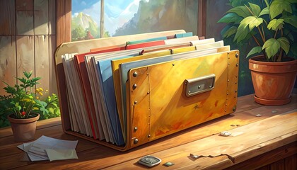 A vibrant, detailed illustration of a filing cabinet filled with documents, situated on a wooden surface with plants and sunlight filtering through a window.