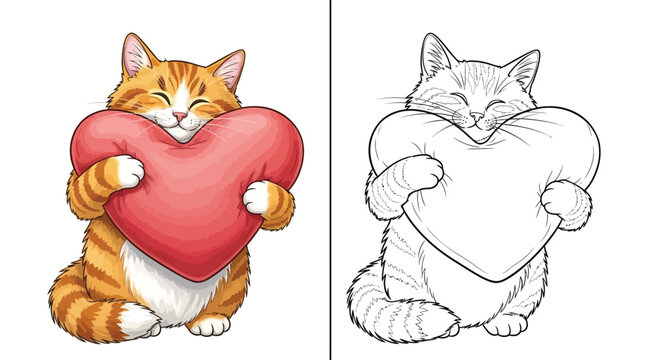 Cat and Heart Pillow Hug Coloring Page Cute Valentine's Day Themed Pet Illustration - Powered by Adobe