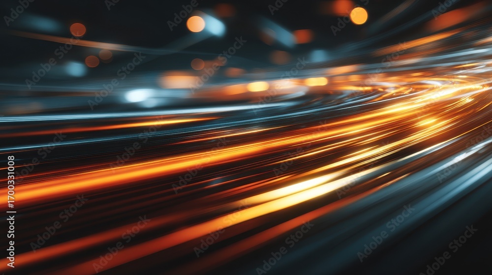 Poster dynamic motion blur of orange and blue light trails on a dark background symbolizing speed, data flo