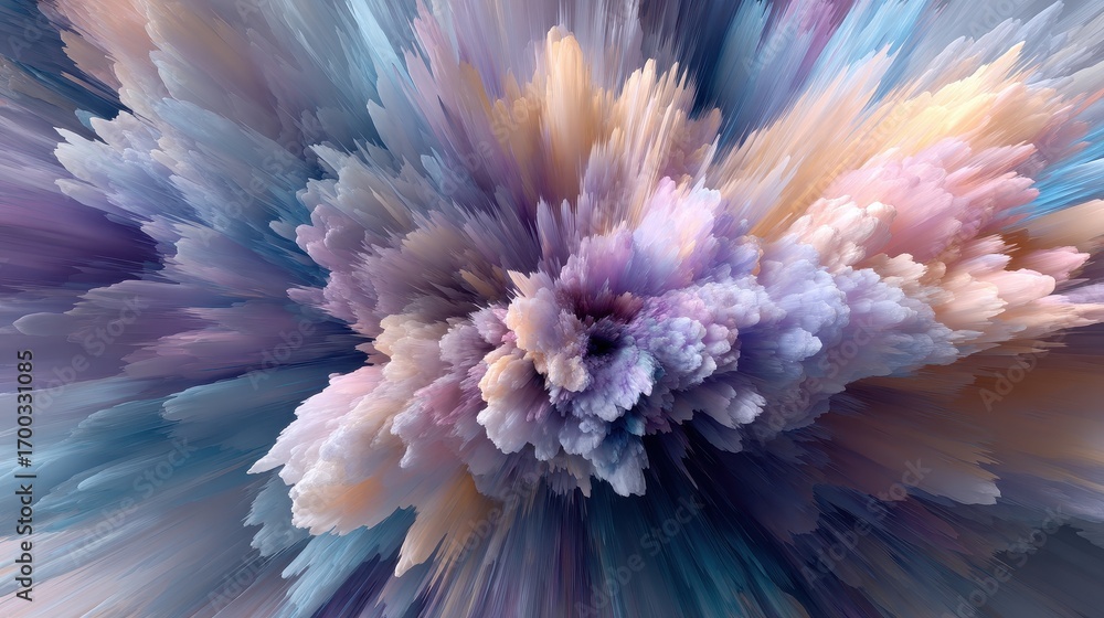 Poster abstract 3d background with a dynamic explosion of pastel colored particles creating a burst of soft