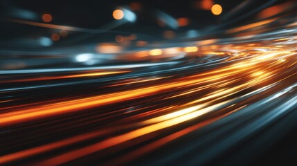 Dynamic motion blur of orange and blue light trails on a dark background symbolizing speed, data flow, and modern network technology