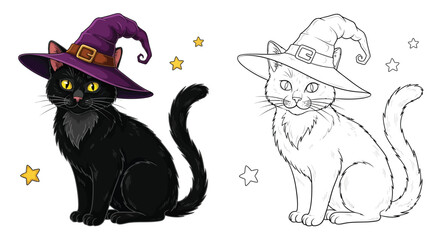 Halloween Cat Witch with Pointed Hat Coloring Page Black White Spooky Themed Design