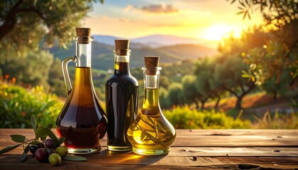 Glass bottles of olive oil and balsamic vinegar are displayed on a wooden surface, bathed in the warm light of a sunset over rolling hills.