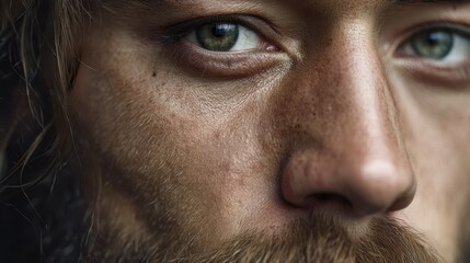 Fototapeta premium Macro photograph of a man's face with a detailed green eye, showcasing realistic skin texture, pores, and an intense, serious gaze