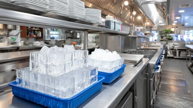 A commercial-grade ice maker machine shines in an industrial kitchen, producing clear square ice cubes on stainless steel counters.