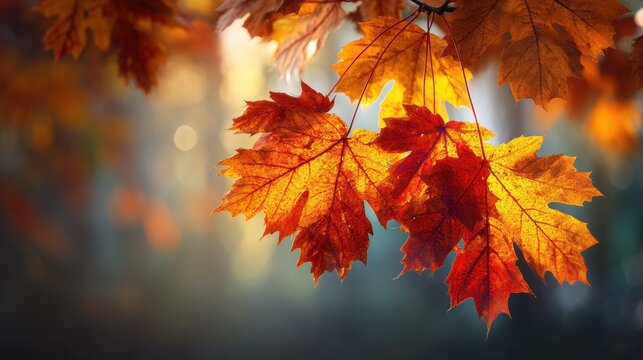 Close up of vibrant red and orange autumn maple leaves hanging on a tree branch with a soft focus background and warm sunlight