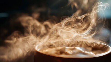 Aesthetic coffee steam swirling in sunlight,