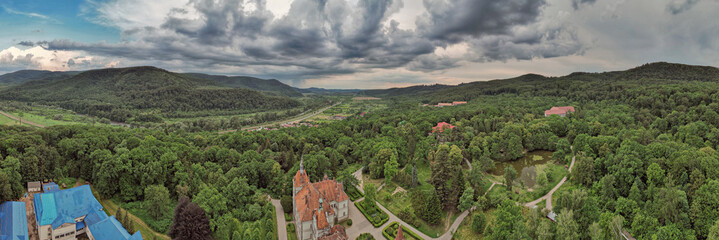 Aerial panorama drone view over palace Counts Schonborn. Chynadiieve, Ukraine.