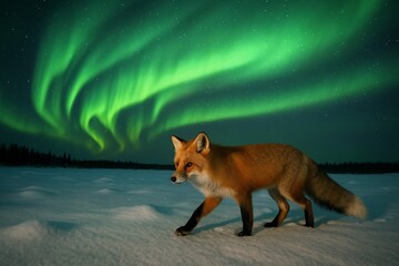 A wild Red Fox walking on the snow under a spectacular green aurora borealis (northern lights) in a winter night landscape.