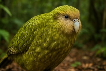 Close-up portrait of a Kakapo (Strigops habroptilus), a critically endangered, flightless, nocturnal parrot endemic to New Zealand.