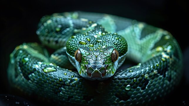 Green Pit Viper Snake Close Up With Water Droplets