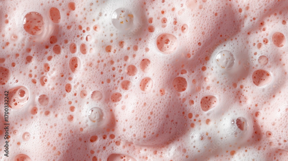 Poster macro top view of pink cosmetic foam texture with bubbles and suds abstract background of soapy lath