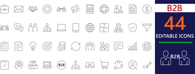 Modern and clean line icon set representing B2B, partnerships, and corporate services. Ideal for websites, apps, and presentations focused on business-to-business solutions.