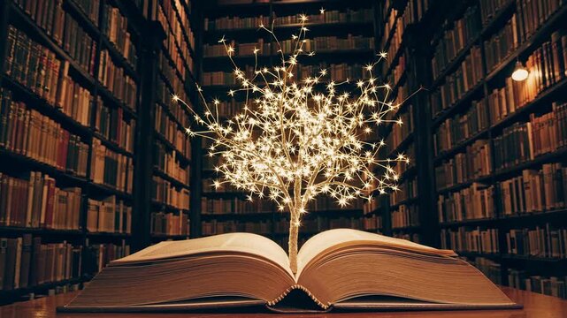 A magical open book with a glowing tree emerges, surrounded by towering library shelves. Captured from a low angle, ideal for a fantasy video theme.
