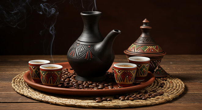 "Traditional Ethiopian coffee served in a jebena clay pot with small ornate cups placed on a woven mat. The setup includes incense smoke and roasted coffee beans scattered around, symbolizing hospital