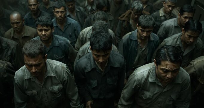 Shuffling exhausted laborers filing through dim tunnel at shift end, with dusty shirts and boots