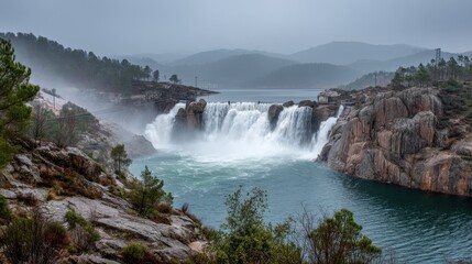 Fototapeta premium Powerful waterfall cascading from a reservoir dam into a turquoise river on a misty day with foggy mountains and pine forests in the background